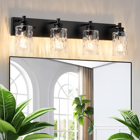 AMRUIPO 4 Light Bathroom Vanity Light Modern Black Bathroom Light Fixtures Over Mirror with Hammered Glass Lampshade for Kitchen Hallway