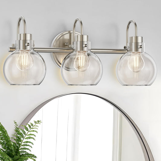 3 Lights Vanity Light, Brushed Nickel Bathroom Light Fixtures, Farmhouse Wall Sconces with Globe Clear Glass Shade, Porch Wall Mount Lamp for Mirror, Kitchen, Porch, Living Room, Workshop (E26 Base)