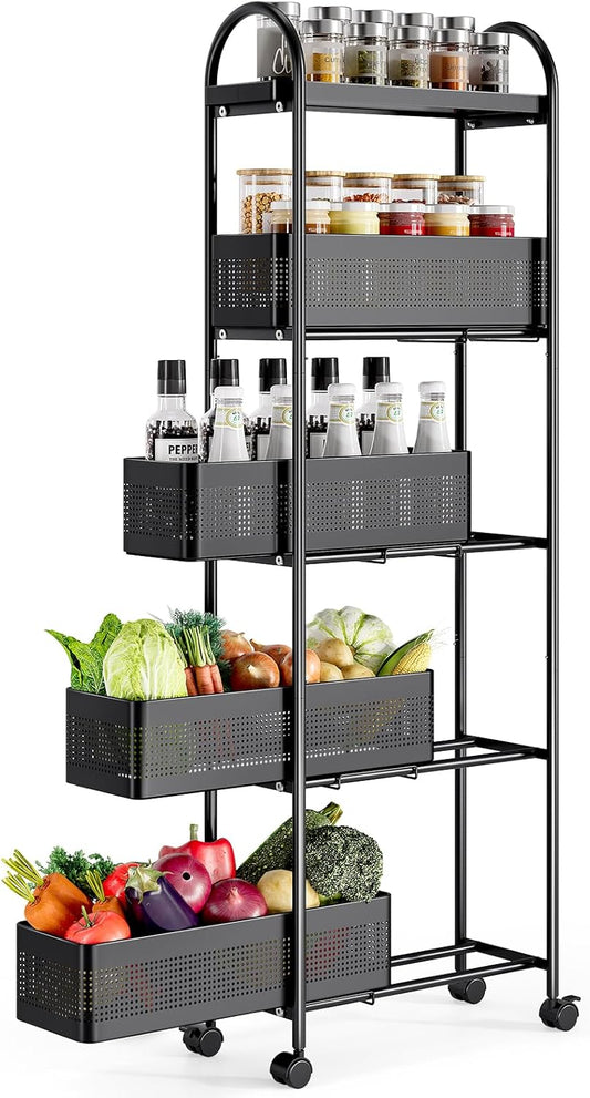 KINGRACK 5-Tier Slim Storage Cart with Pull Out Basket, Rolling Bathroom Organizer Utility, Metal Shelving Unit Slide Out, Lockable Wheels, Easy Assembly for Narrow Place, Kitchen, Laundry Room, Black