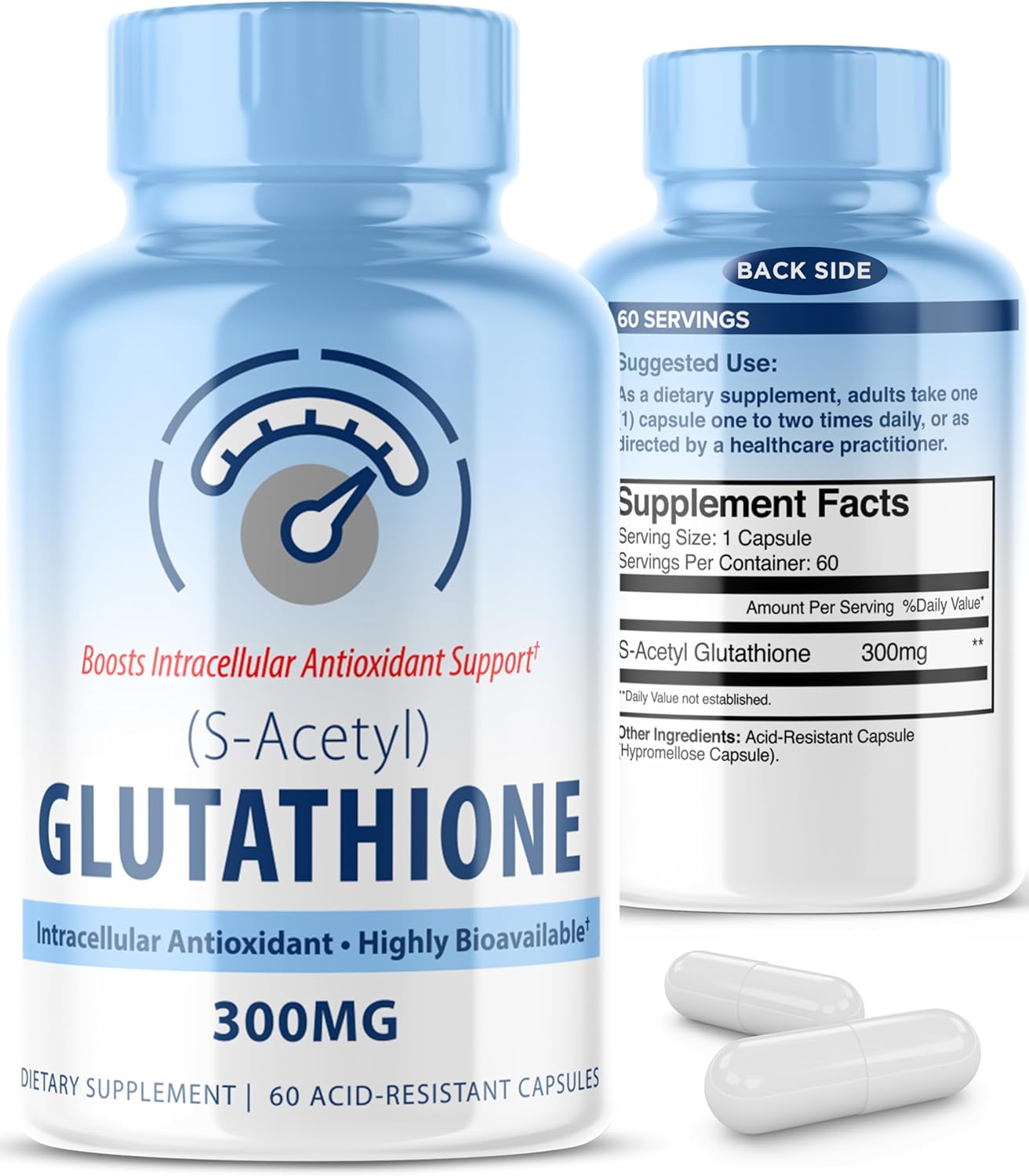 S-Acetyl L-Glutathione 300mg – 60 Acid-Resistant Capsules, High Bioavailability S Acetyl Glutathione Supplements for Liver & Skin Health, Supplement Antioxidant Support Capsules
