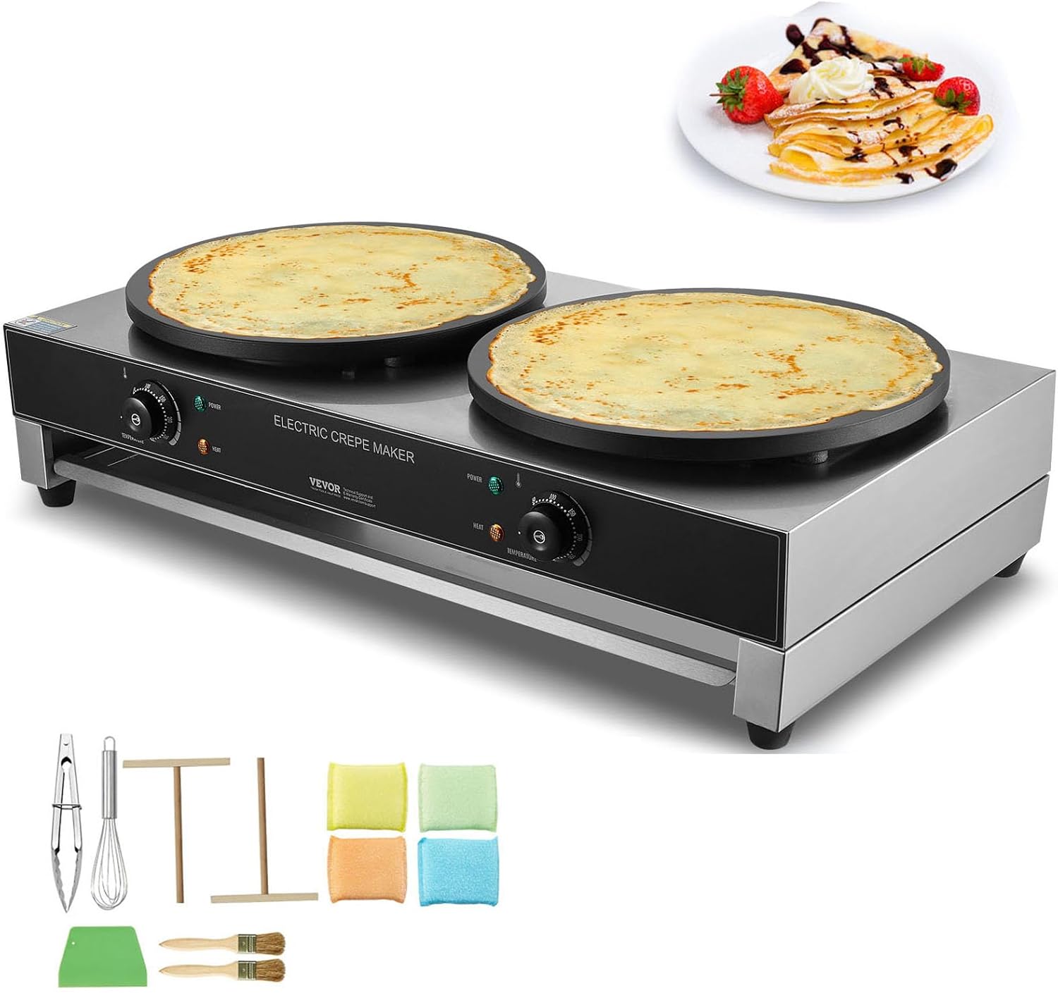 HappyBuy Electric Crepe Maker - 16-Inch Double Head, 3400W, Nonstick Stainless Steel, Desktop, Temp Control for Commercial Use, AC120V 60Hz
