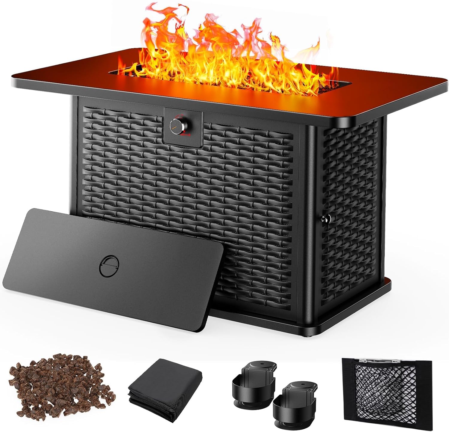 AMADA HOMEFURNISHING 43 Inch Propane Fire Pit Table, 60,000 BTU Gas Fire Pit with Lava Rocks, Waterproof Cover, Removable Lid, Cup Holders, 2-in-1 Fire Table for Patio, Backyard, Garden, Black
