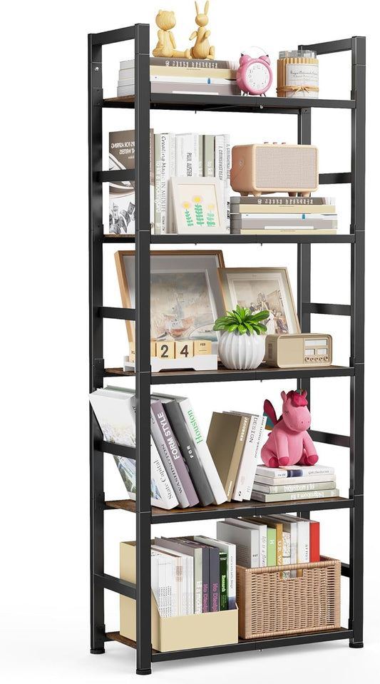 Sakugi Book Shelf - 5-Tier Space-Saving Bookcase with Sidebars & Leveling Feet, Rustproof Storage Shelves for Home Office, Living Room, Kitchen, 23.6" x 10.6" x 58", Brown