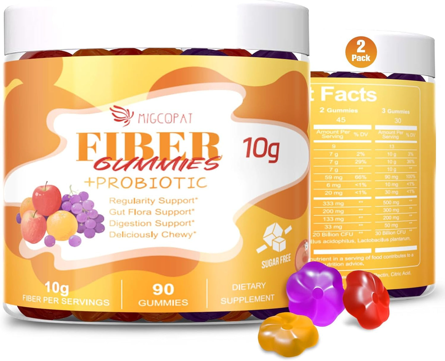 Migcopat 10G Fiber Gummies for Adults - Support Digestive Health - Fiber Supplement with 30 Billion CFU Probiotics Blend, ACV, Vitamin C, Inulin - No Sugar Added - Fruit Flavored - 180 Count