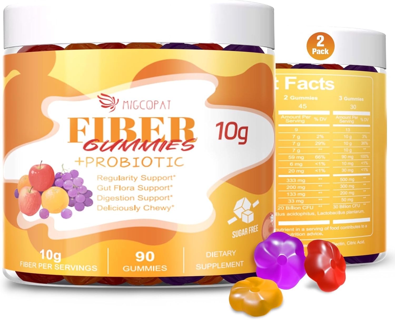 Migcopat 10G Fiber Gummies for Adults - Support Digestive Health - Fiber Supplement with 30 Billion CFU Probiotics Blend, ACV, Vitamin C, Inulin - No Sugar Added - Fruit Flavored - 180 Count