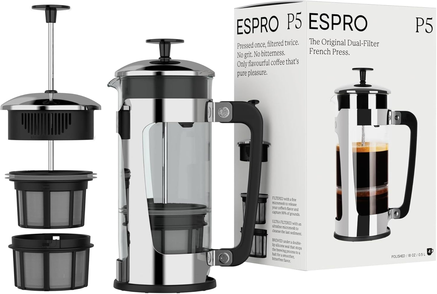 ESPRO - P5 French Press Coffee Maker \u2013 Patented Double Microfilter for Sludge and Grit Free Coffee \u2013 Made in Taiwan, Black, 18 oz