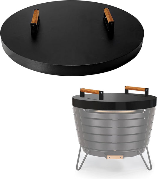 FEBTECH - Tabletop Fire Pit Lid 25.5 Inch - Compatible with Fire Pits Inside Up to 23 Inch - Carbon Steel Tabletop Firepit Shield with Dual Wooden Handles - Firepit Accessories for Bonfire