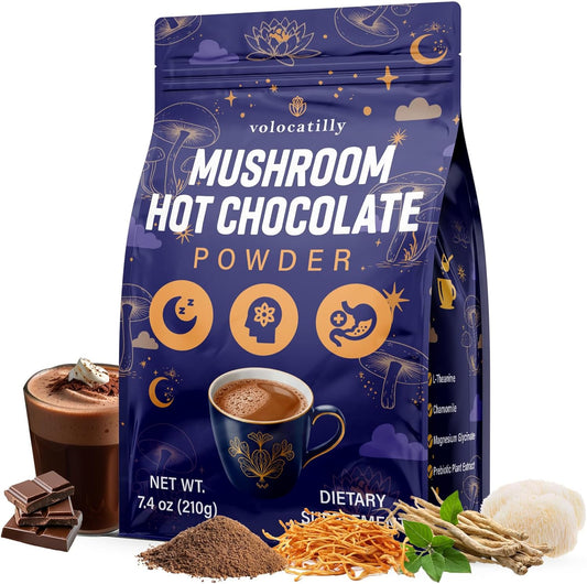 Mushroom Hot Cocoa with Magnesium Glycinate, Reishi, L-Theanine, Ashwagandha, Lemon Balm, Lavender, Cacao Powder Organic Hot Chocolate Supplement for Sleep, Relaxation, No Melatonin, Vegan, 7.4oz