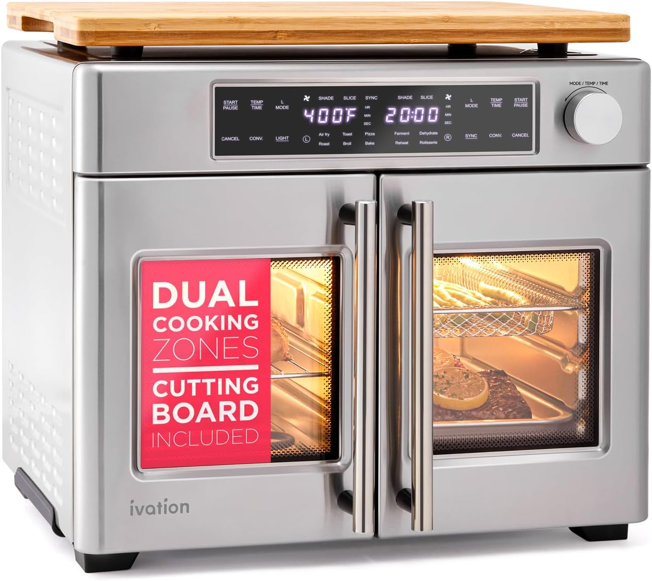 Ivation Dual Zone Air Fryer French Door Oven - 32 Quatity Convection Toaster Combo, 10-in-1 Multifunction Up to 450° - 1800W - Temperature Control, Timer - Stainless Steel - Dehydrate, Bake, Roast