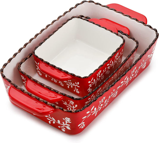 AVLA 3 Pack Ceramic Bakeware Set, Porcelain Rectangular Baking Dish Lasagna Pans for Cooking, Kitchen, Casserole Dishes, Cake Dinner, 12 x 8.5 x 6 Inches of Baking Pans, Banquet and Daily Use, Red