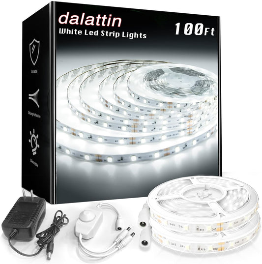 dalattin White LED Strip Lights 100ft, Dimmable Bright 24V Led Light Strip 6500K Daylight White 1800 LEDs Lights for Bedroom, Mirror, Kitchen, Strong Adhesive, 2 roll of 50ft