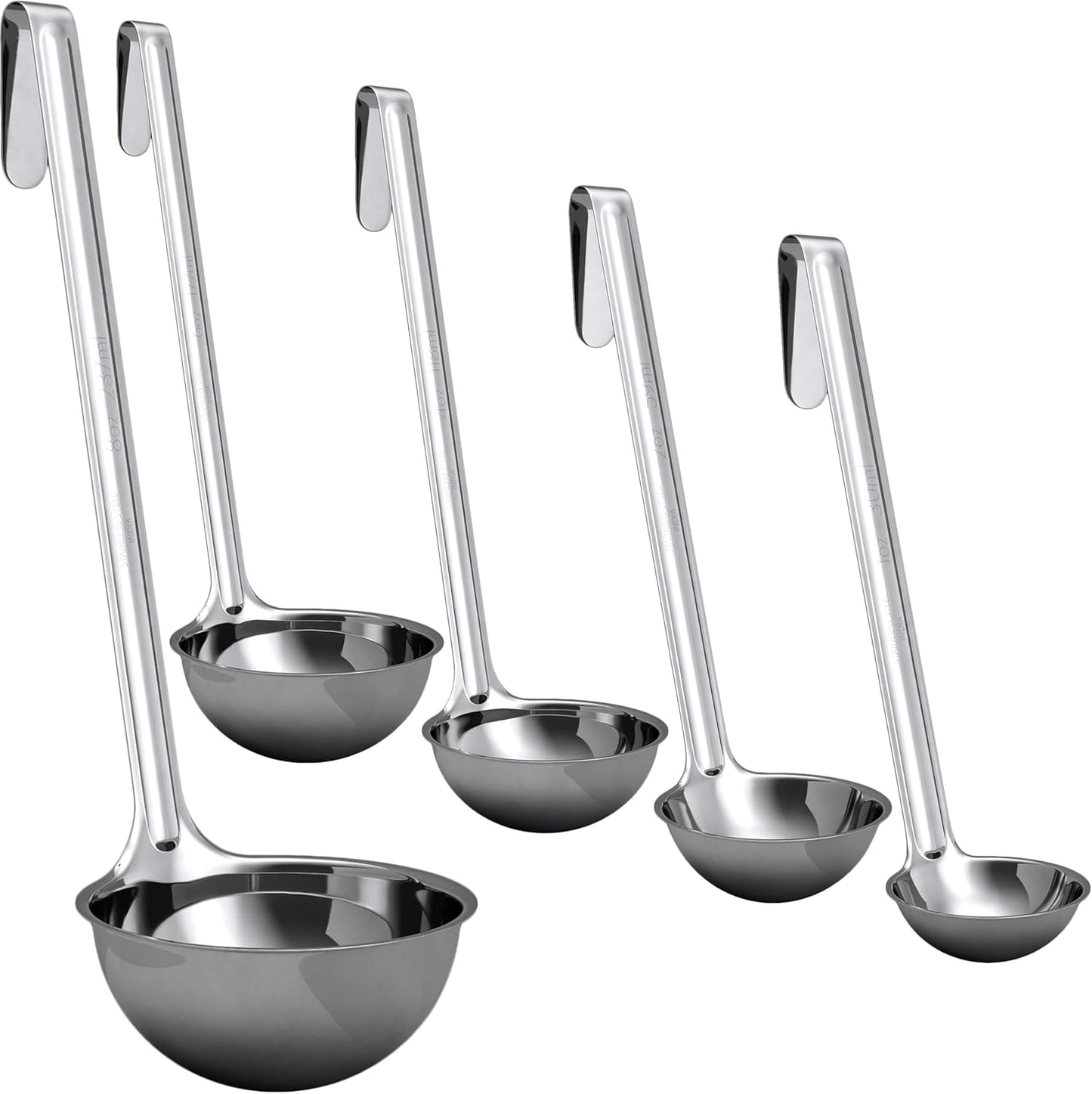Sturdy, Ergonomic Combo Sizes Ladles 5 Pk. 1 2 4 6 8 Oz Stainless Steel Ladle with Long Handles. Best Kitchen Supplies for Stirring, Portioning and Serving Soup, Chili and Stew in Restaurants and Home