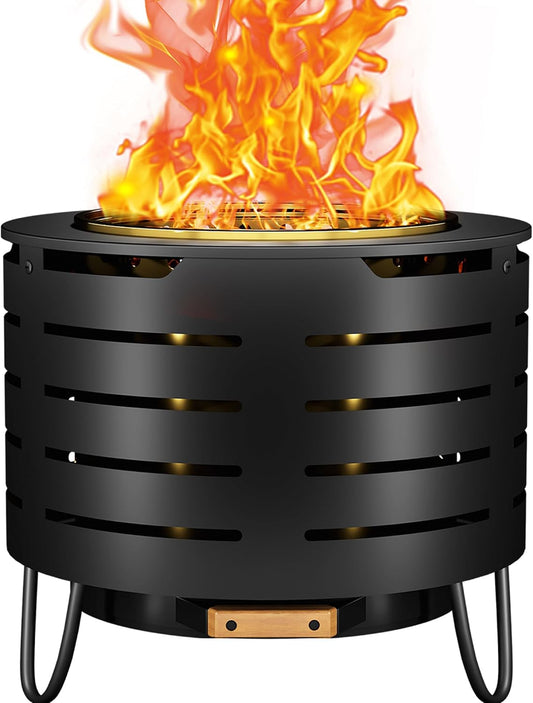 FIROW Portable Outdoor Fire Pit Set, 19 Inch Stainless Steel, Silver, Classic Style, Wood Burning, Low Smoke, Includes Fire Poker, Stand, Cloth Cover, Grill Rack