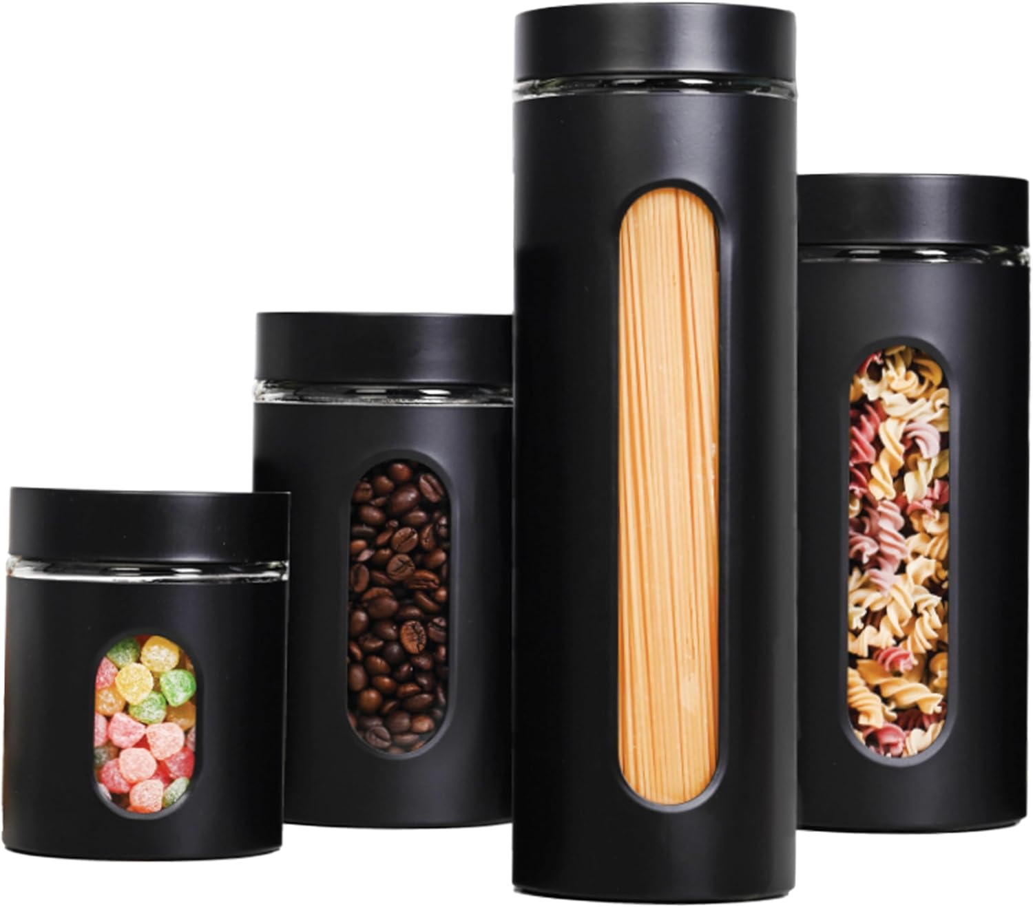 JS Gourmet 4 Pcs Stainless Steel Canisters Set for Kitchen with Glass Window and Airtight Lid, Perfect for Storing Coffee, Spaghetti, Sugar, Beans and Dry Ingredients (Black)