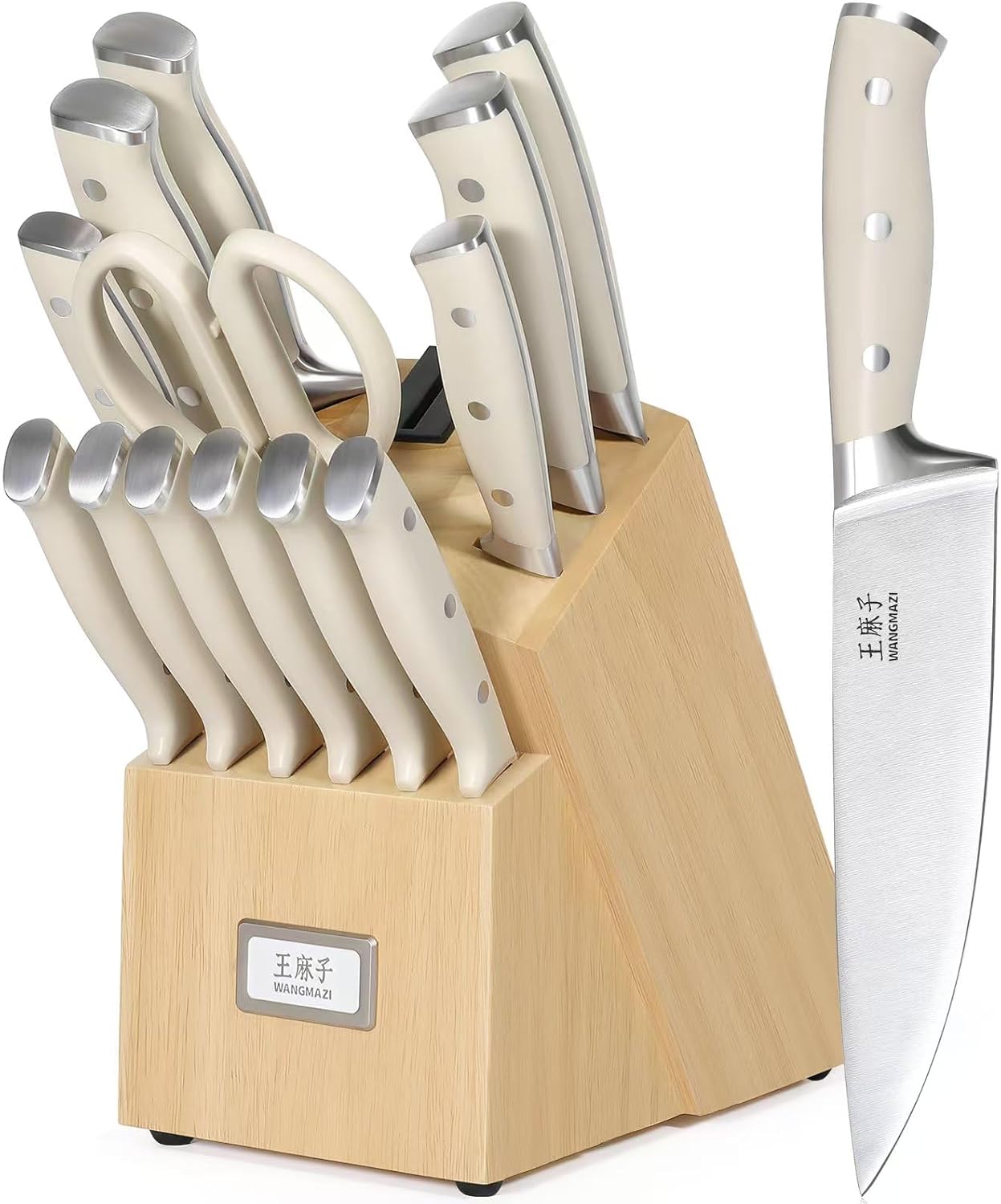 WANGMAZI Premium Knife Set,High Carbon Stainless Steel Forged,Sharp Knives Set for Kitchen,Triple-rivet Ergonomic Handle,Hundreds of Years of Masterful Craftmanship(Ivory,15PCS)