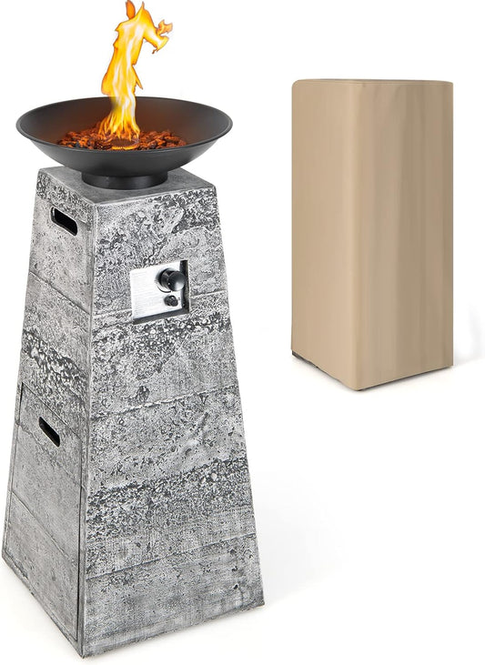 COSTWAY Propane Fire Bowl Column, Outdoor Burning Fire Bowl W/Lava Rocks & PVC Cover, 30,000 BTU Heat Output, Stainless Steel Burner, Ideal for Backyard, Poolside, Simple Installation