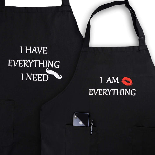 YIKA Apron Couples, Valentines Day Gifts for Couples: Waterproof Aprons for Women Men, with Adjustable Neck Strap with Extra Long Ties, 2 Pockets (Black)