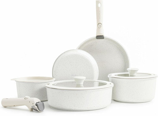 SENSARTE 13 Piece Pots and Pans Set, Nonstick Detachable Handle Cookware, Induction Kitchen Cookware Set with Removable Handle, Healthy Non Stick for RV, Dishwasher ＆ Oven Safe (White)