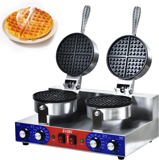 HTTSICHI Waffle Maker - Commercial Waffle Iron w\/Two Non-stick 7 in Baking Pans, 550 ℉ Temperature and Timers, 2400W Dual Waffle Machine for Double Baking, Stainless Steel Waffle Maker for Restaurant