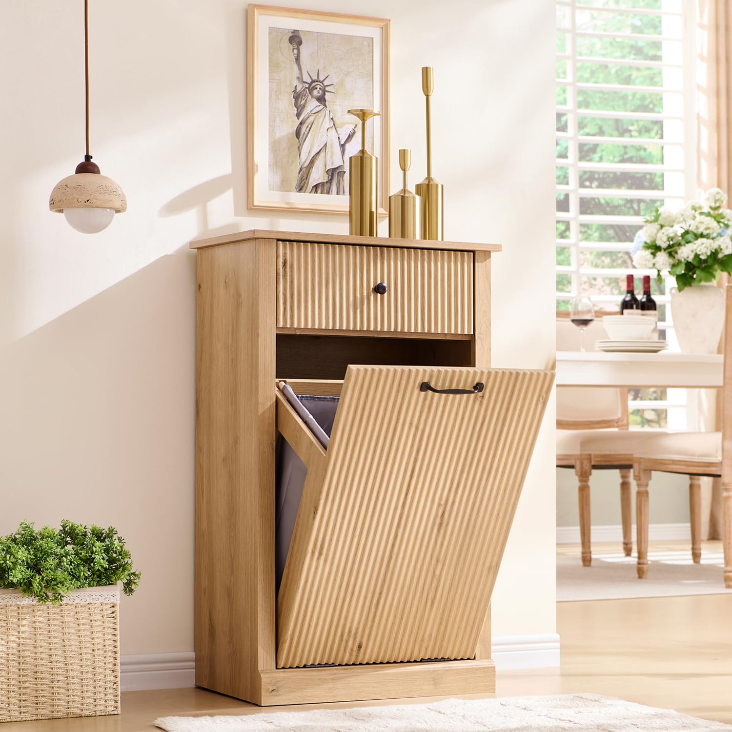 IFGET Modern Tilt-Out Trash Can Cabinet, 10 Gallon Fluted Laundry Hamper Cabinet with Drawers, Wooden Hidden Garbage Can Cabinet w\/Storage Basket, Free Standing for Kitchen & Living Room,Natural Oak