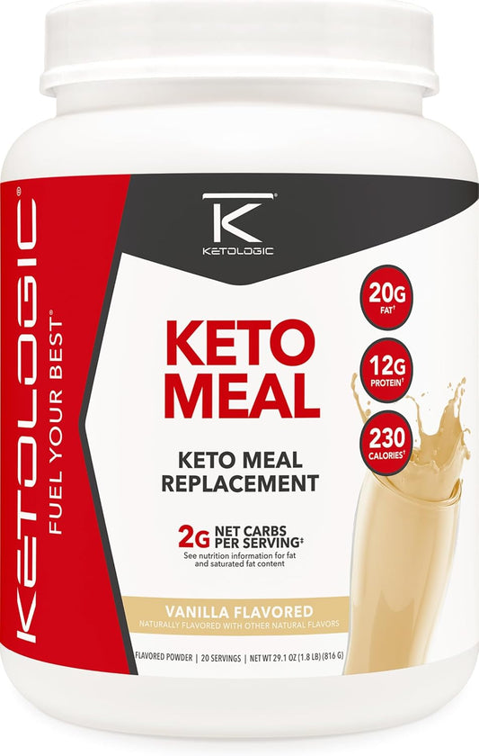 Ketologic Keto Meal Replacement Shake Powder for Optimal Results + MCT Oil + Grass-Fed Whey - Perfectly Formulated Macros for Ketosis - 20 Servings - Vanilla