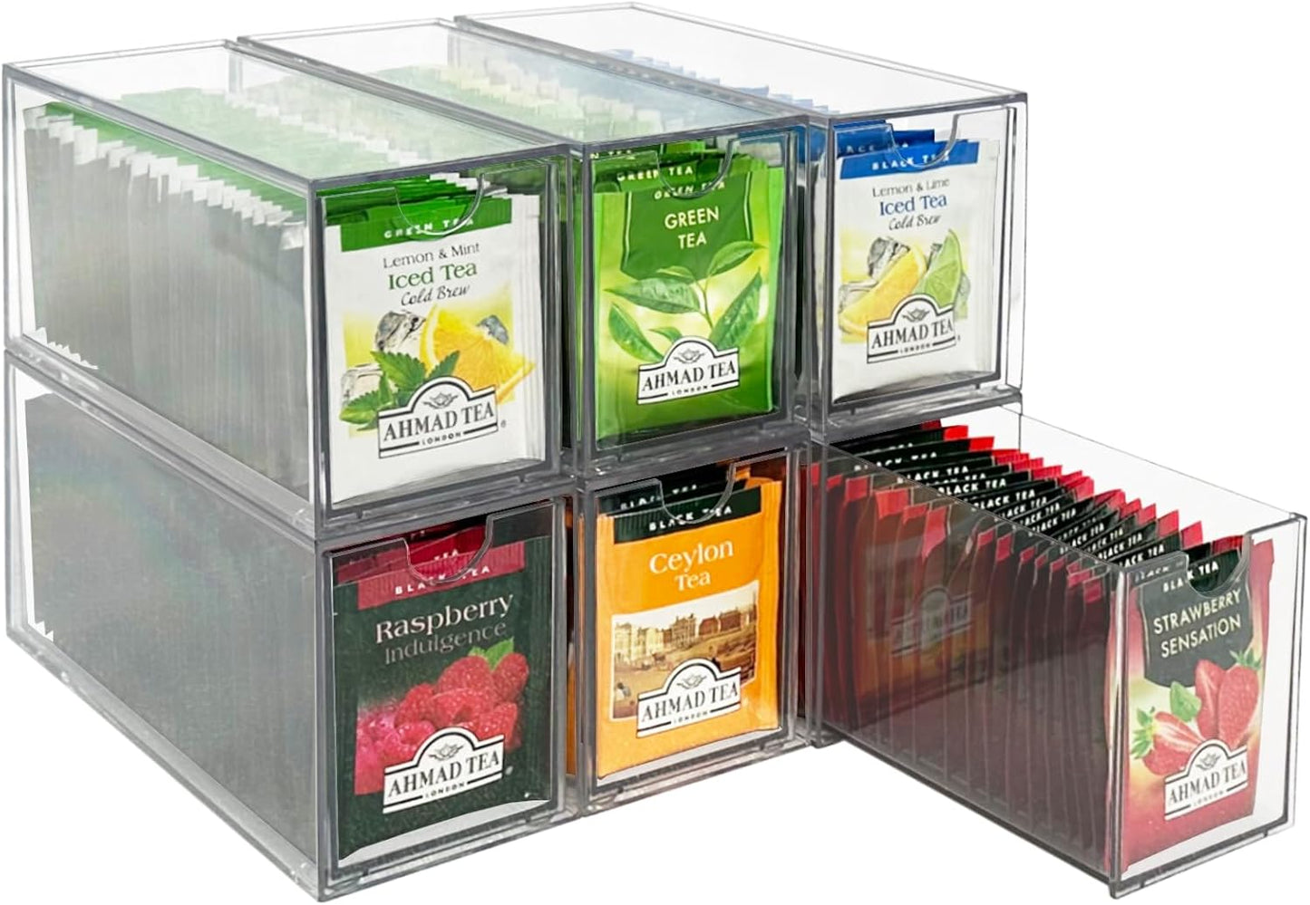 AZEZO 6-Pack Tea Bag Drawers Organizer - 6 Clear Plastic Drawer Tea Bag Holder; Stackable & Portable; Wider Size; Well-Organized Storage for Tea Bags Storage Chests；High Volume