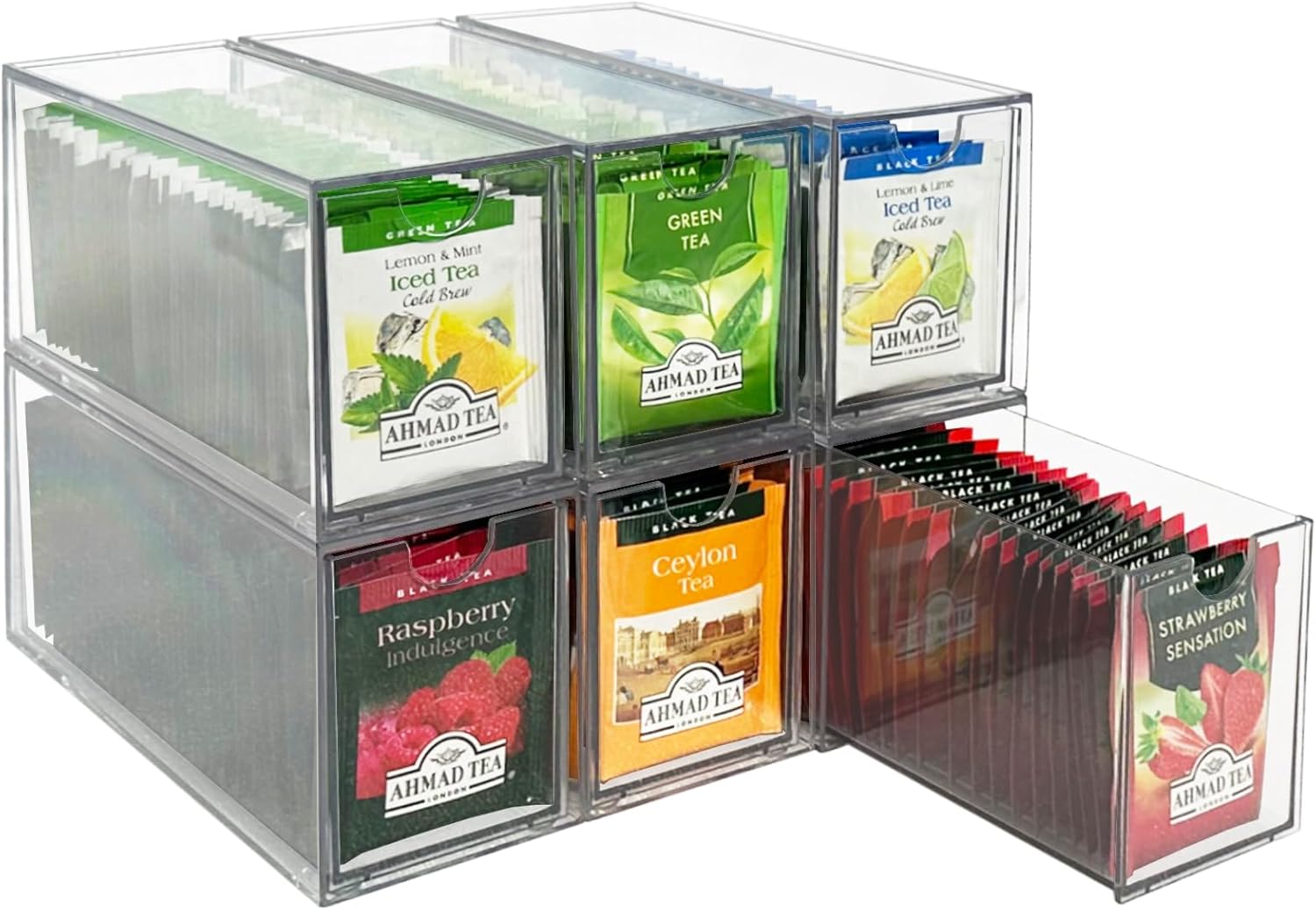 AZEZO 6-Pack Tea Bag Drawers Organizer - 6 Clear Plastic Drawer Tea Bag Holder; Stackable & Portable; Wider Size; Well-Organized Storage for Tea Bags Storage Chests；High Volume