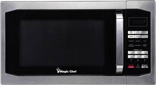 Magic Chef Compact Countertop Microwave Oven, 1,100 Watts, Stainless Steel, 1.6 Cu. Ft. - Digital Kitchen Appliance with One-Touch Cooking, Child Lock, Timer, Reheat, Defrost, and 10 Power Levels
