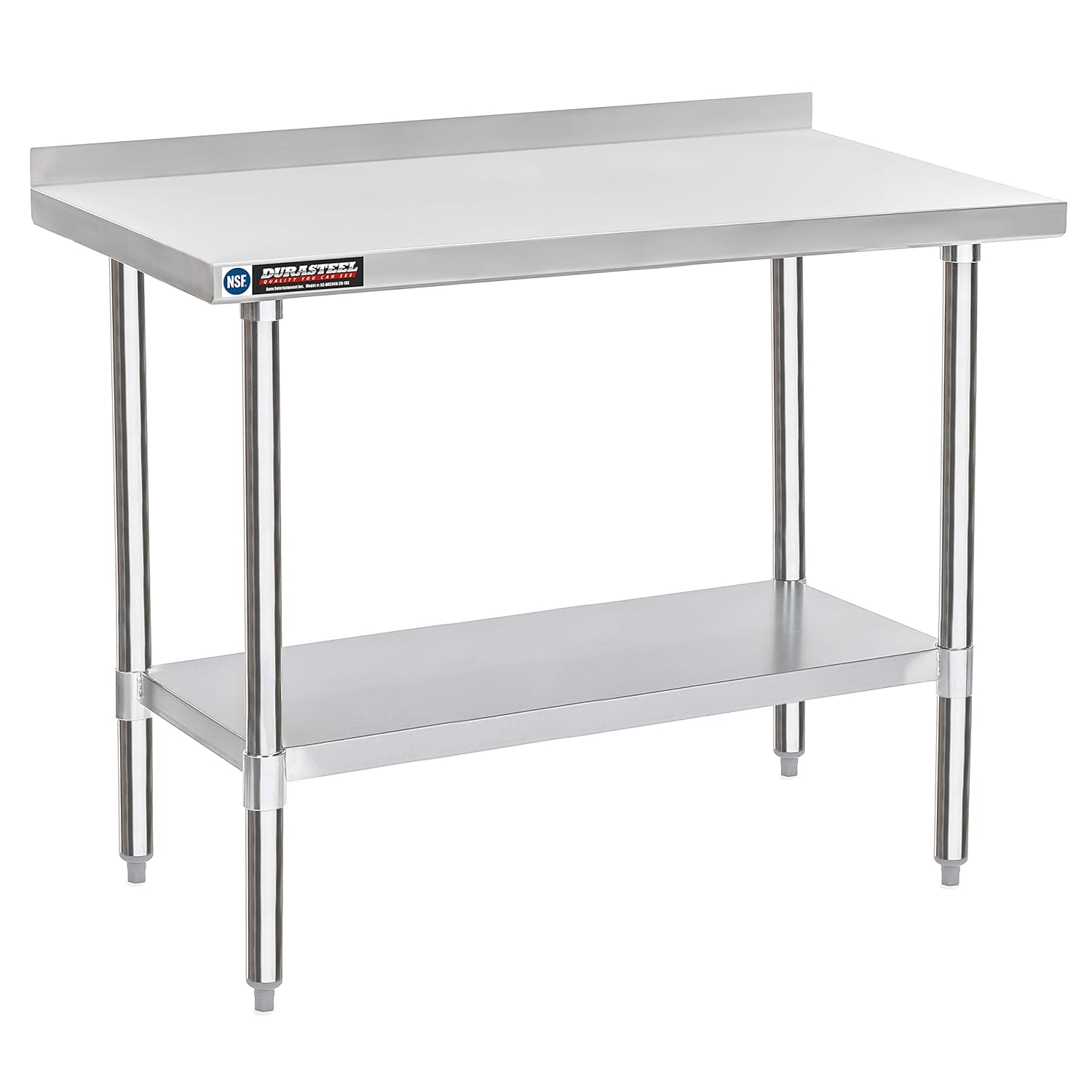 DuraSteel NSF Commercial Kitchen Table - 24 x 48 Inch Cooking Prep Stainless Steel Kitchen Island Workstation w\/ Adjustable Under Shelf - Heavy Metal Backsplash Workbench For Restaurant, Home, Garage