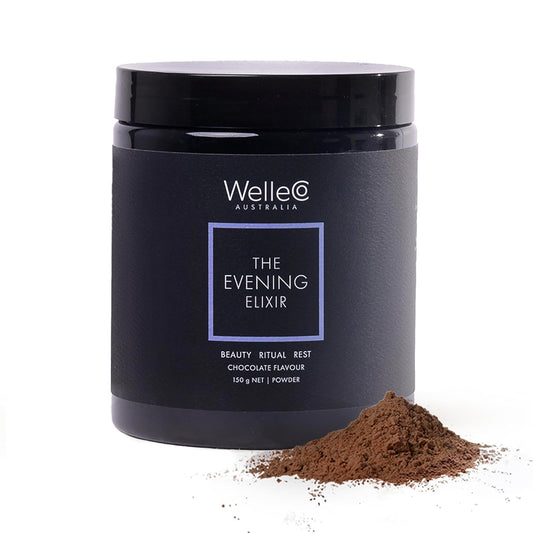 WelleCo The Evening Elixir Skin Care Vitamin C Hot Chocolate Beauty Drink Mix with Niacin, Lemon Balm, and Magnesium for Sleep, Collagen Formation, Gluten Free, Vegan, Dairy Free, 150g (5.3oz) Jar