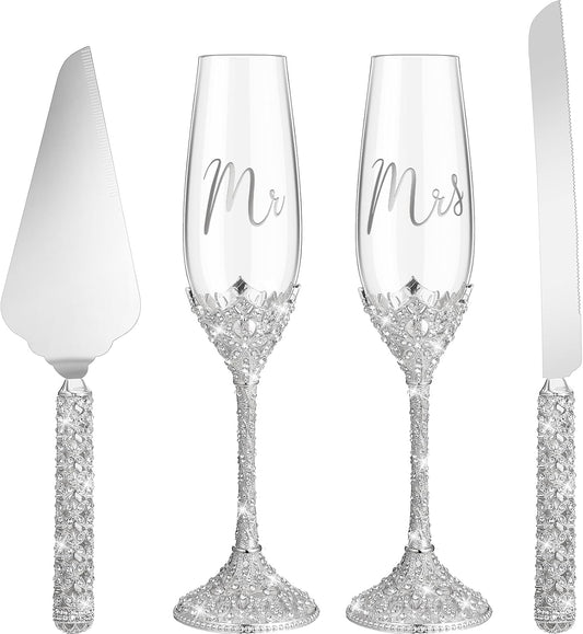 Sratte 4 Pcs Wedding Cake Knife and Champagne Flutes Server Set, Toasting Crystal Rhinestone Champagne Flutes Glasses Cake Knife Pie Server Wedding Gifts for Couple Bride Groom (Silver,Elegant)