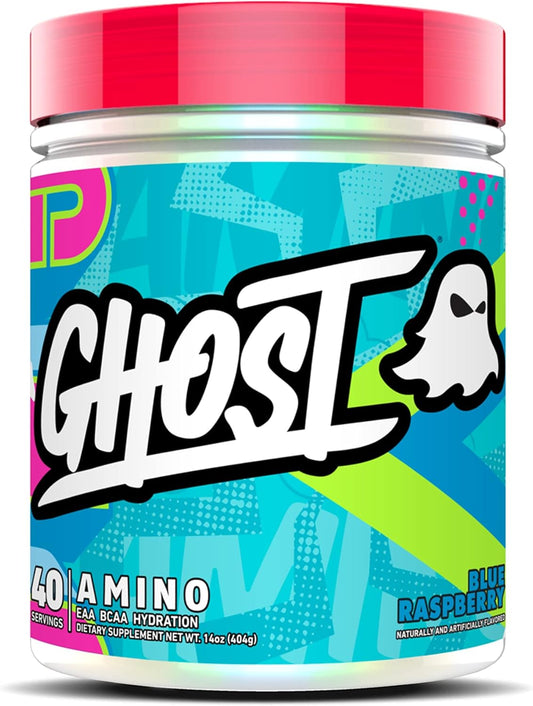GHOST Amino: Essential Amino Acid Supplement, Blue Raspberry - 40 Servings - Intra-Workout Powder for Hydration & Recovery 4.5g BCAA & 5.5g EAA - Soy & Gluten-Free, Vegan