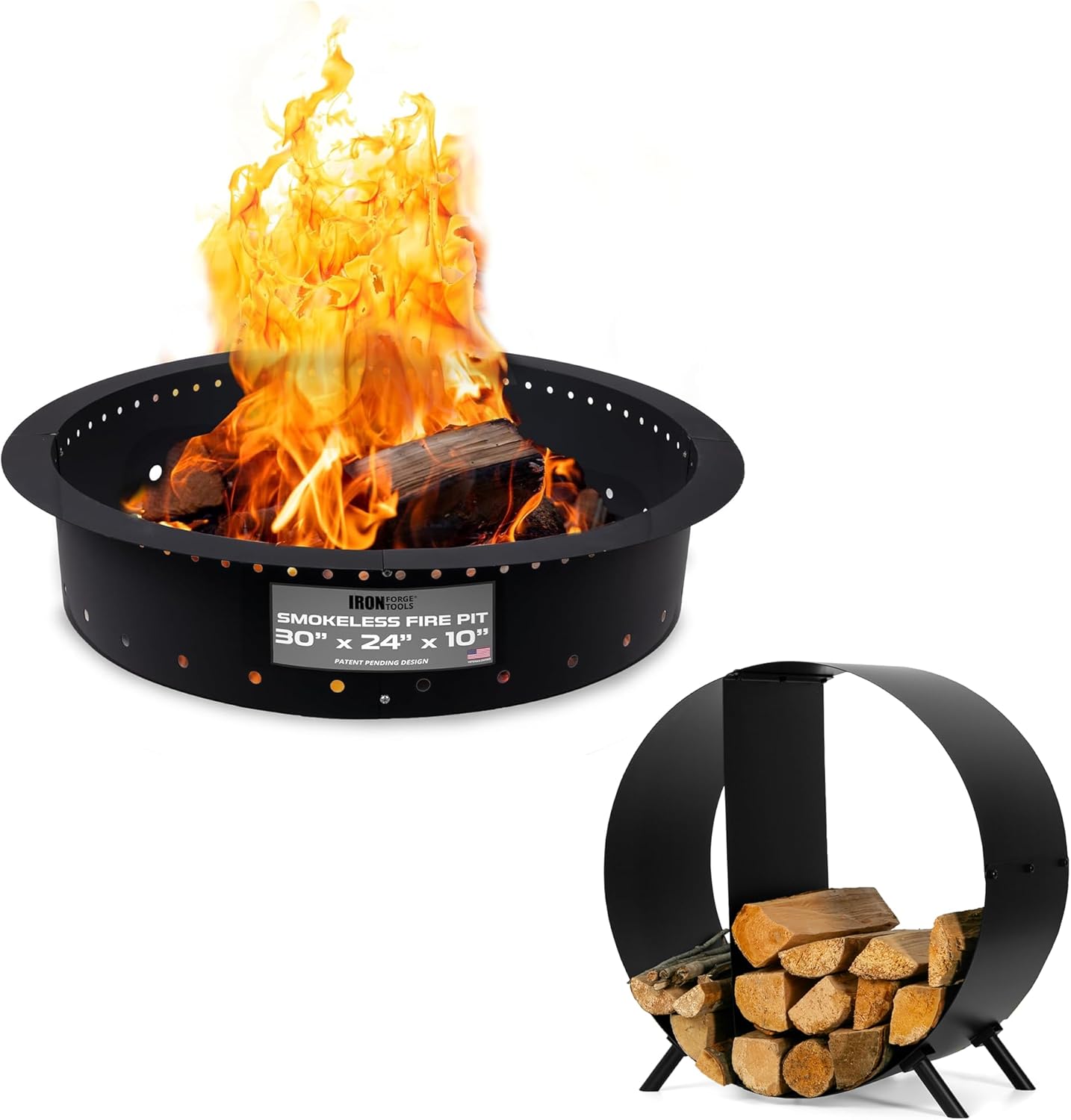 Iron Forge Tools 30" Heavy-Duty Metal Fire Pit Ring & 24" Circular Firewood Rack with Weatherproof Cover - Outdoor Smokeless Fire Pit Insert & Log Holder