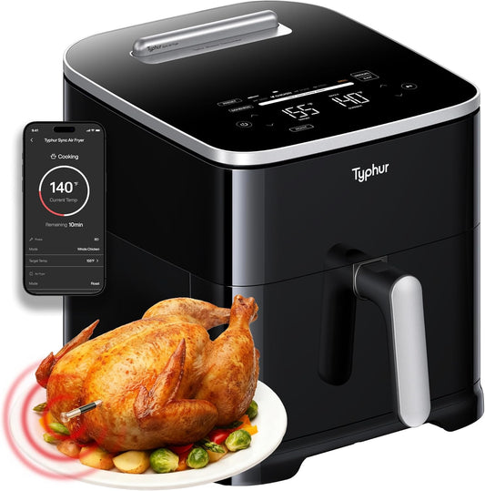 Typhur 8QT Sync Air Fryer with Built-in Wireless Meat Thermometer, 9-in-1 Smart Non Toxic Ceramic Airfryer for Quick Easy Meals, 450°F Max, Cooks 6lb Whole Chicken, Dishwasher Safe, 120V