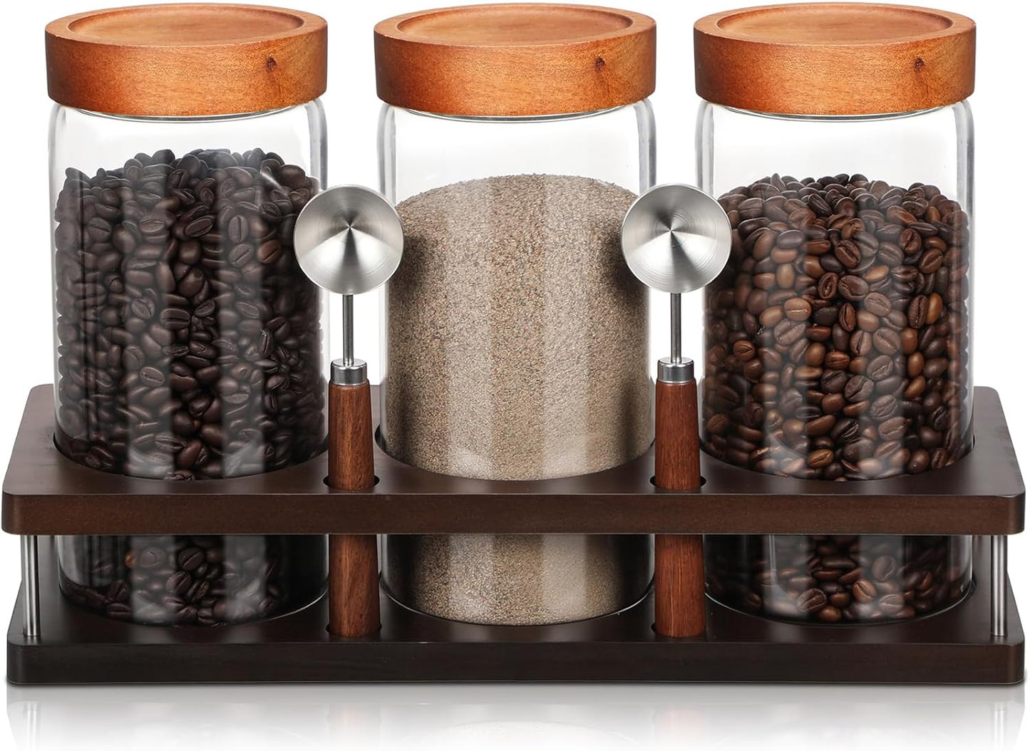 Suclain 3 Pcs Glass Coffee Grounds Container with Shelf 44 oz Glass Coffee Canisters with Airtight Lid and Measuring Spoon Kitchen Food Canister Jars for Tea Sugar Candy Nuts Kitchen