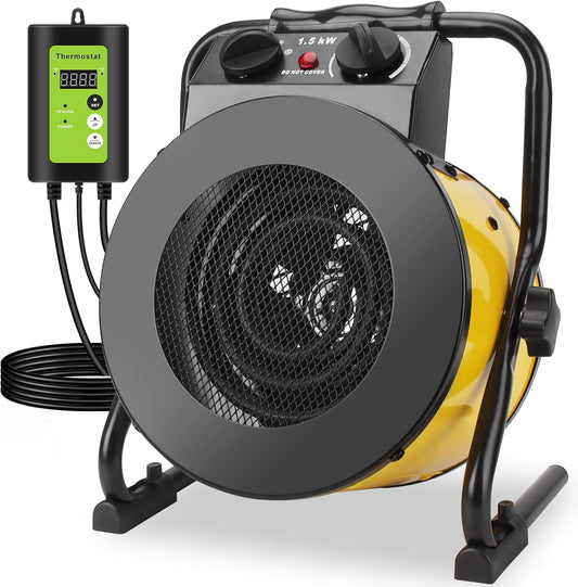 Greenhouse Heater with Thermostat, 1500W Outdoor Heaters for Patio, Fast Heating, Overheat Protection, Electric Space Heaters for Greenhouse, Grow Tent, Patio, Garage, Indoor（Yellow）