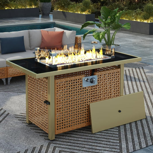 43 Inch Propane Fire Pit Table with Open Weave Wicker Design for Patio Garden Backyard - Orange and Yellow Outdoor Fire Table (Fire Pit Table - Orange & Mustard Yellow)