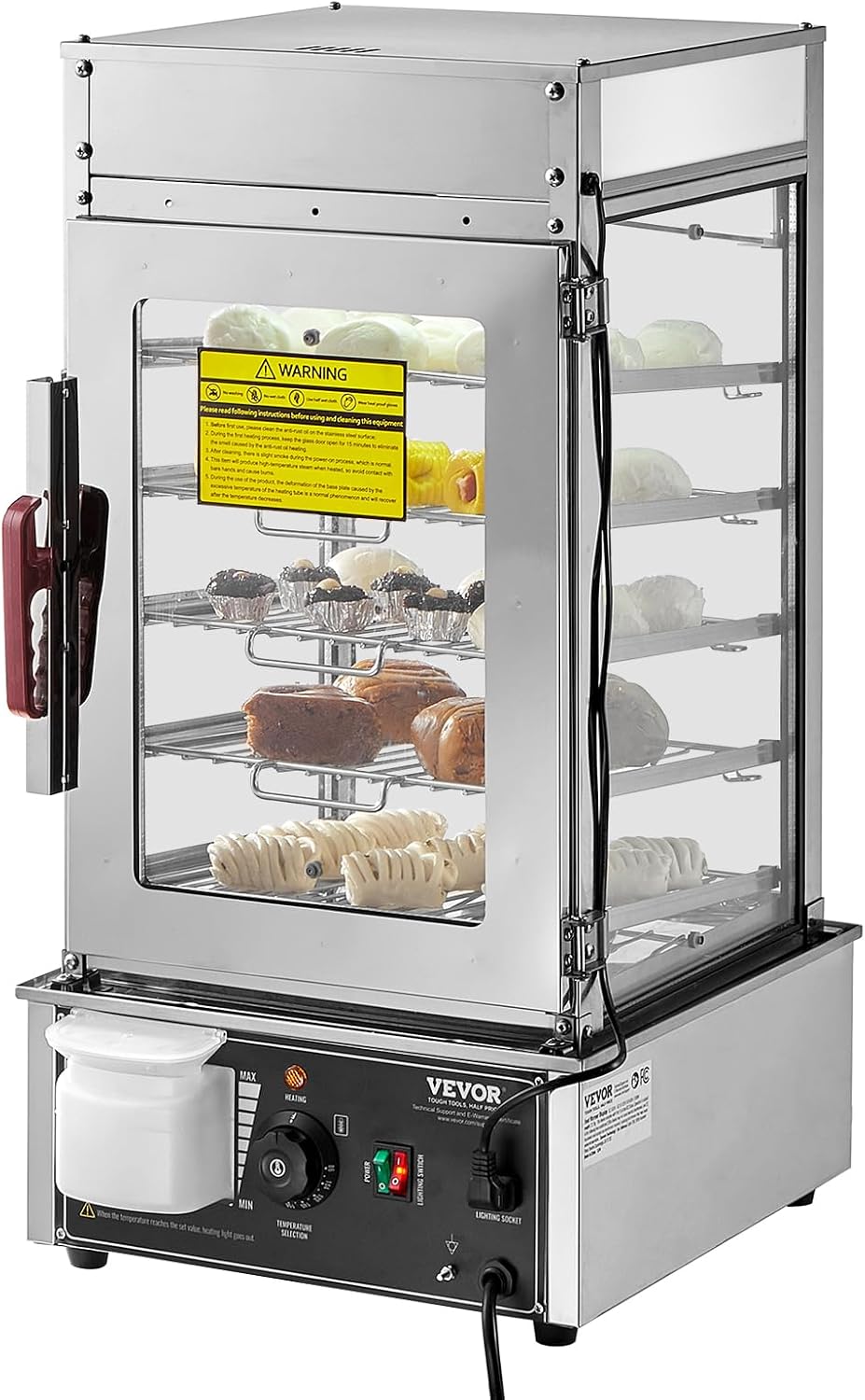 VEVOR Commercial Food Warmer Display, 5-Tier Food Steamer Bun Warmer Machine, 86℉~230℉ Temperature Control, Stainless Steel Steamed Buns Warmer with LED, Steam Heating for Steamed Buns Siomai Corn