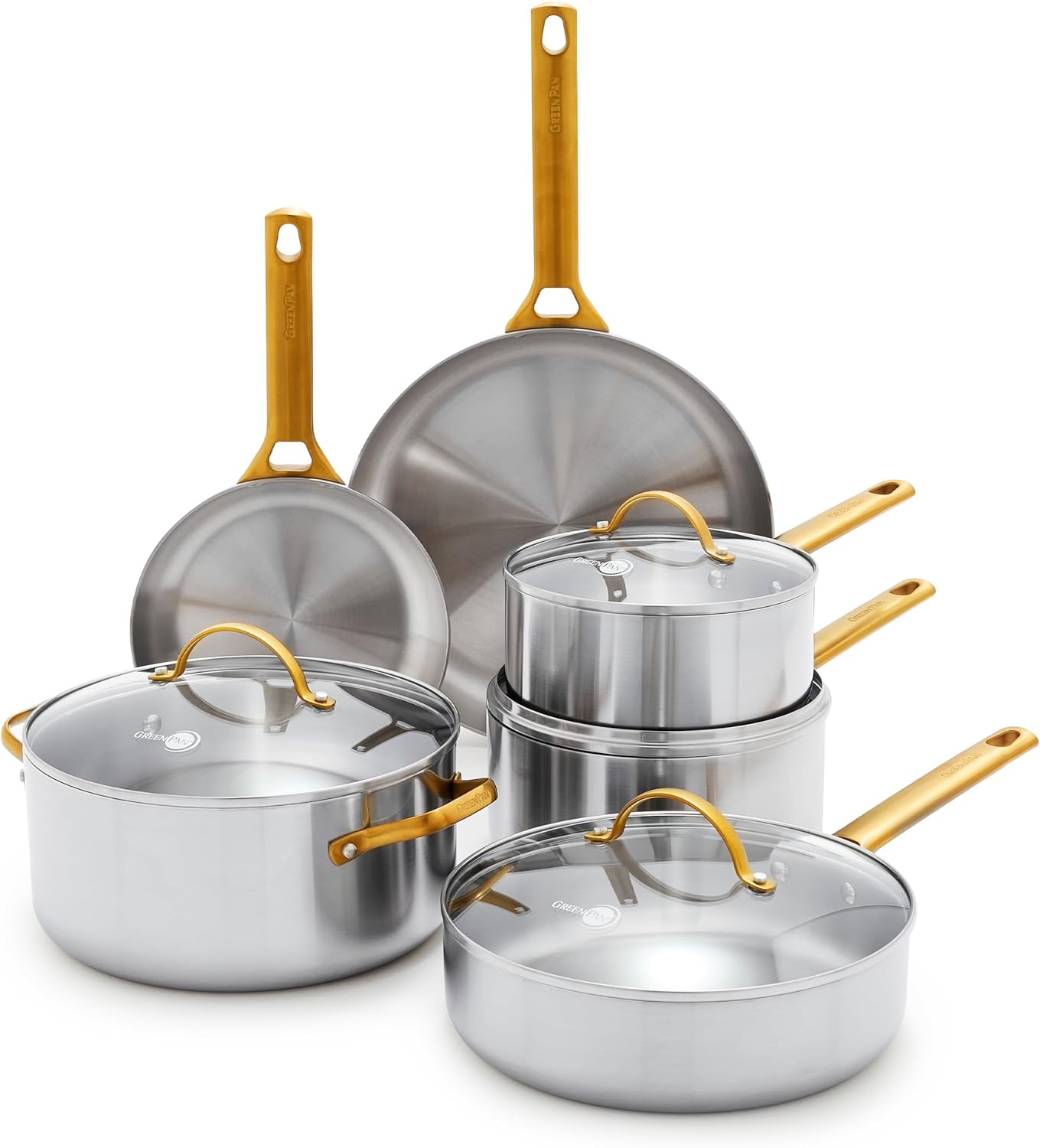 GreenPan Stainless Steel Tri-Ply Reserve 10 Piece Cookware Pots and Pans Set, Multiclad, PFAS-Free, Induction, Oven & Broiler Safe to 600°F, Heat Responsive Core, Dishwasher Safe, Glass Lids