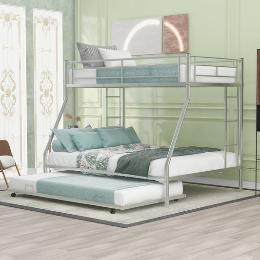 ModernLuxe Twin over Full Bed with Sturdy Steel Frame Bunk Bed with Twin Size Trundle TwoSide Ladders Silver