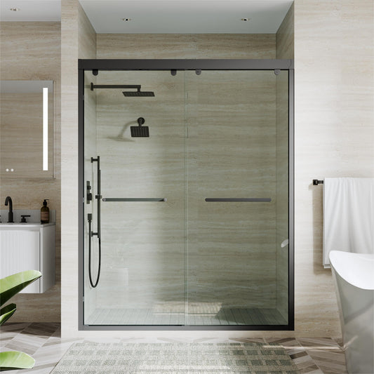 WELLFOR Matte Black 56-in to 60-in W x 75-in H Framed Clear Glass Sliding Soft Close Shower door