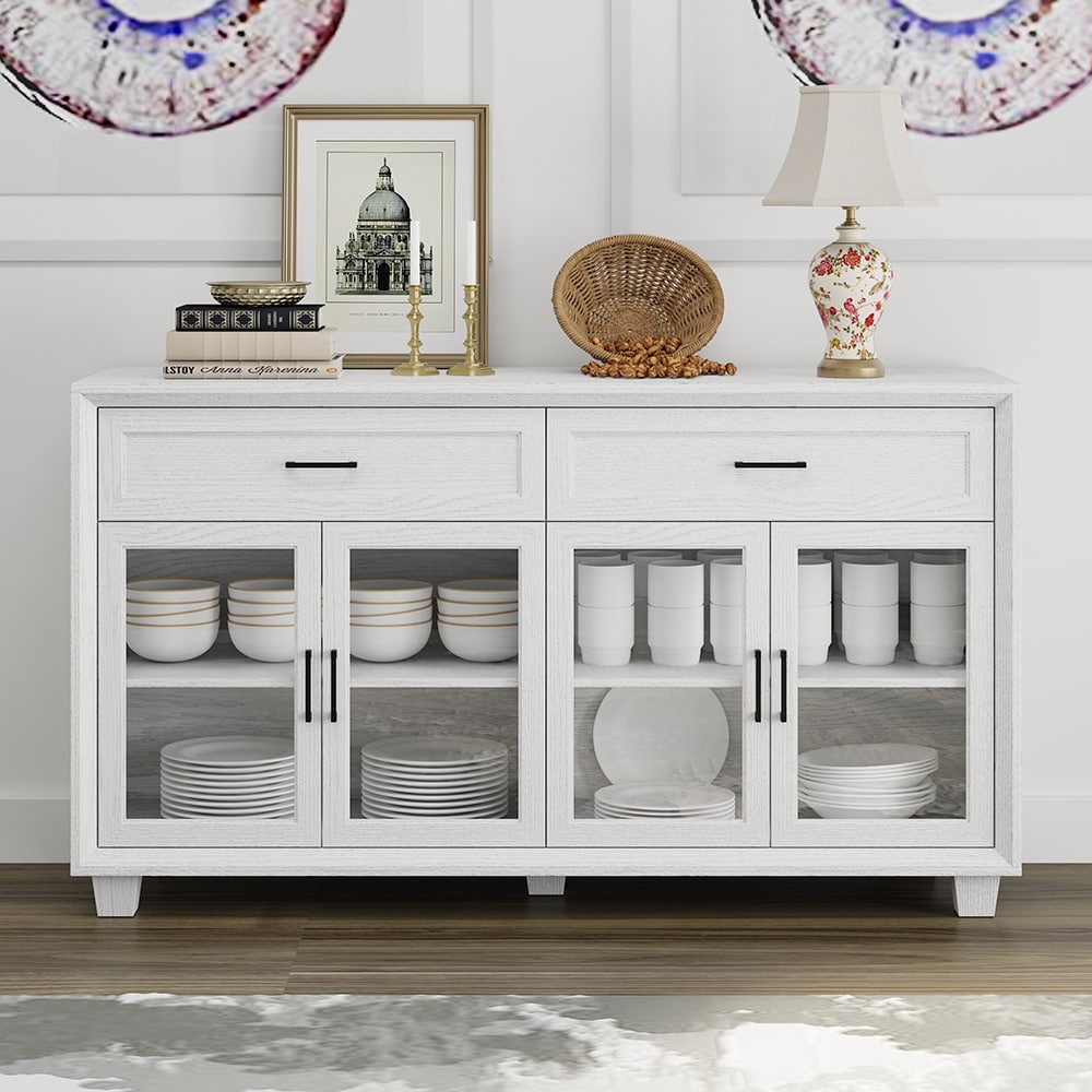 Homsee Large Beveled 4 Door 2 Drawer Sideboard with Faux Thickness Panels Tempered Glass and Generous Storage in Vintage White Wood Grain Finishes