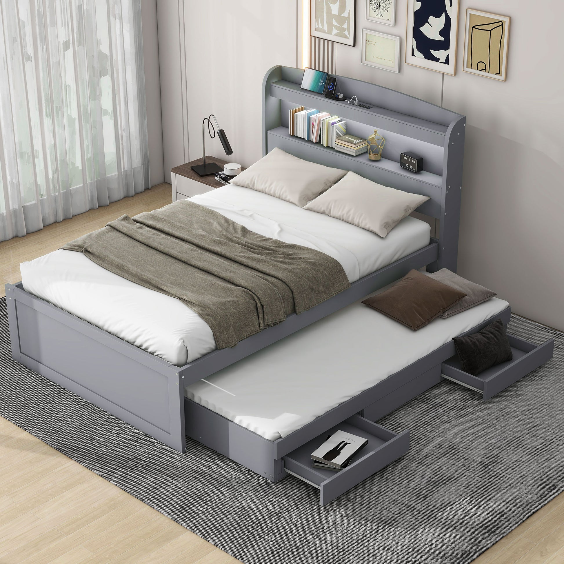 LOVMOR Twin XL Size Platform Bed with Storage LED Headboard Charging Station Twin Size Trundle and 2 Drawers Gray