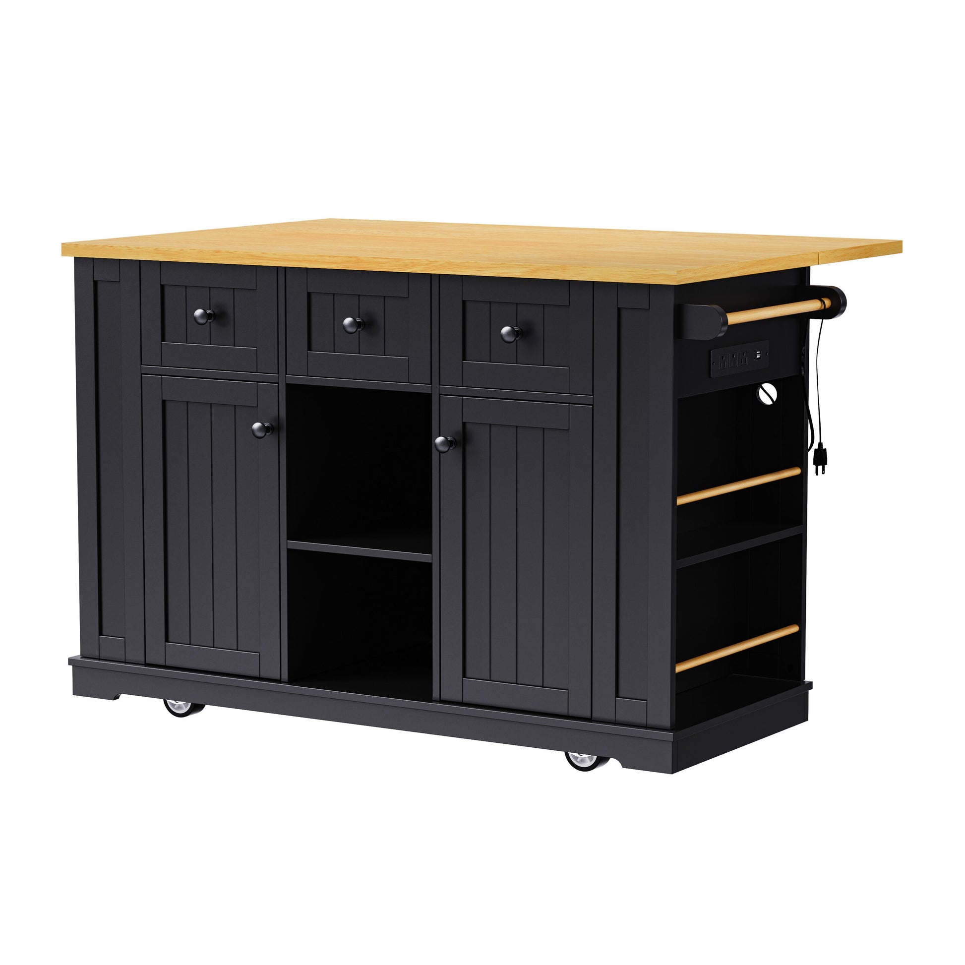 Damerin Black MDF Base with MDF Wood Top Rolling Kitchen Island ( 29.52-in x 53.14-in x 36.4-in )