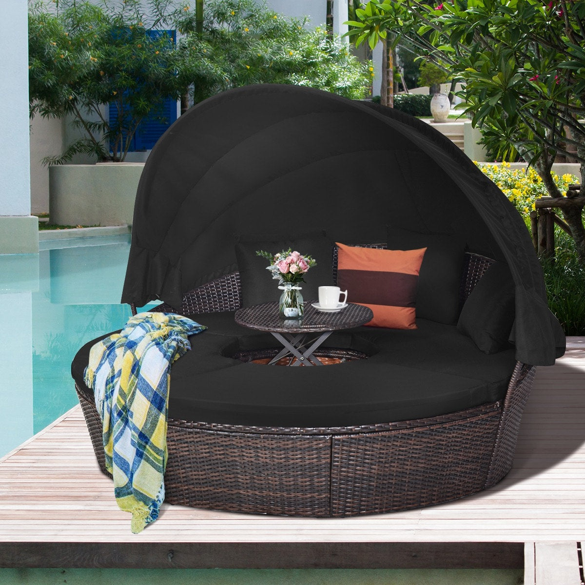 Costway  Patio Rattan Daybed Cushioned Sofa Adjustable Table Top Canopy Black