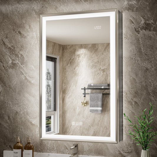 QueenFun Nova 20.01-in x 32-in Lighted LED Fog Free Surface/Recessed Mount Brushed Nickel Mirrored Rectangle Soft Close Medicine Cabinet