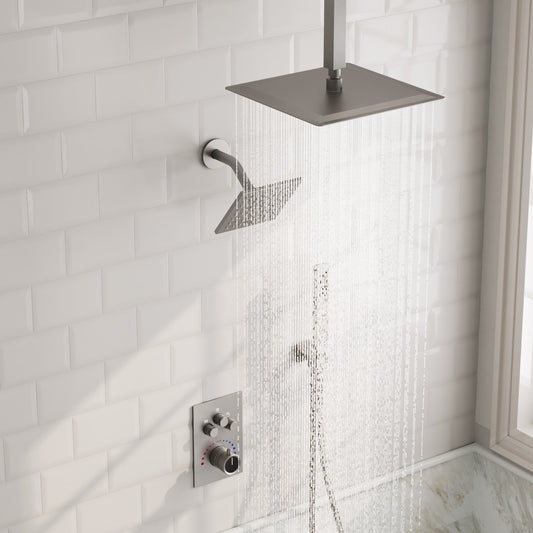 GRANDJOY ZenithRain Brushed Nickel 12-in Dual Head Built-In ShowerÂ FaucetÂ System with 3-way Diverter ( Thermostatic Valve Included )