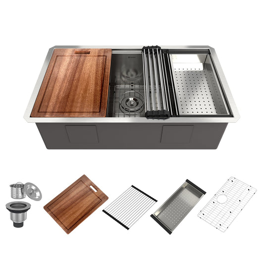 Boyel Living 32 in. Undermount Single Bowl 18-Gauge Stainless Steel Kitchen Sink with Cutting Board and Rolling Drying Rack and Colander