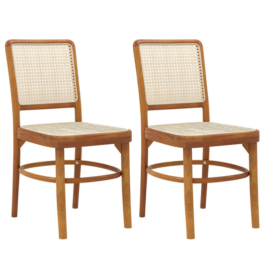 Slickblue Set of 2 Natural Rattan Dining Chairs with Curved Backrest for Kitchen or Dining Room (Teak Wood Frame)