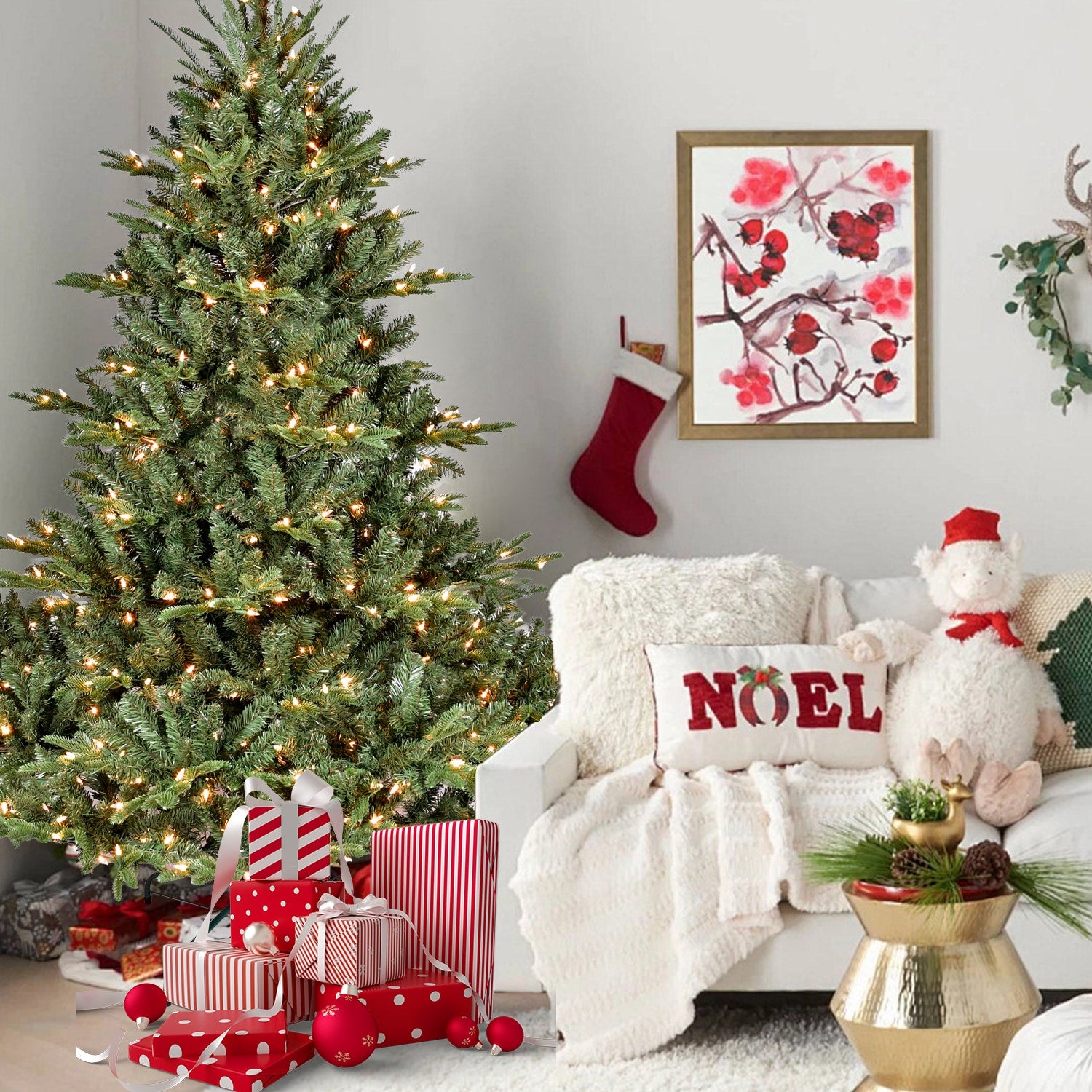 LOVMOR 7.5FT Full Shape Christmas Tree with 850 UL Lights PE/PVC Mixed Branches 2441 Tips Wide Base for Spacious Areas Hinged Structure Stable Metal Stand